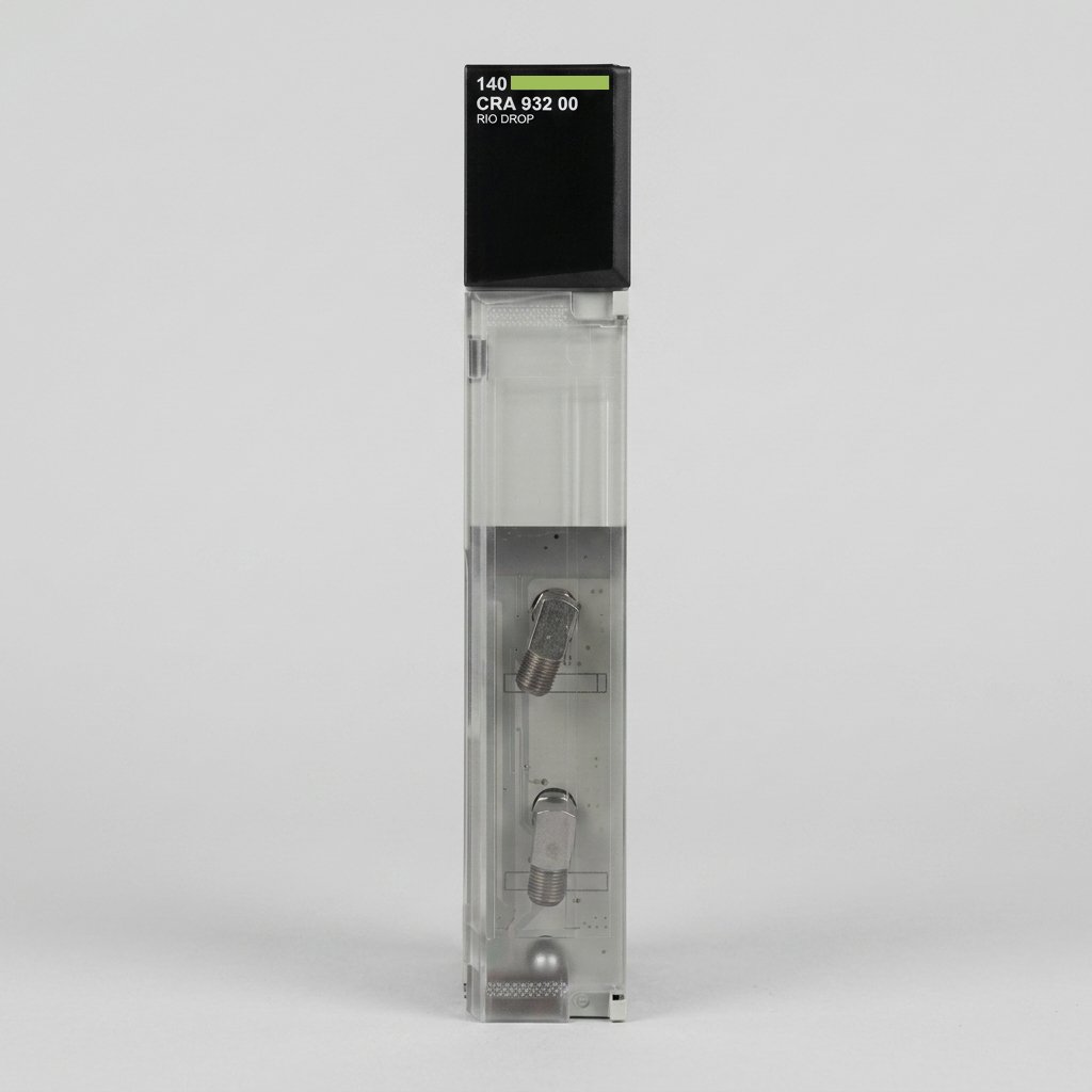 Front view of the 140 CRA 932 00 RIO Drop industrial module, featuring a black top housing labeled "140 CRA 932 00" and a translucent body with two metallic threaded ports.