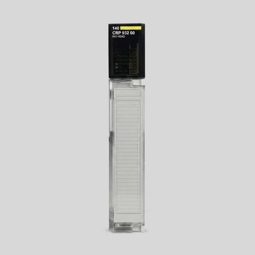 Front view of a Schneider Electric Modicon Quantum 140 CRP 932 00 RIO Remote I/O Processor Head module on a plain grey background, showing its diagnostic text and dual networked ports.
