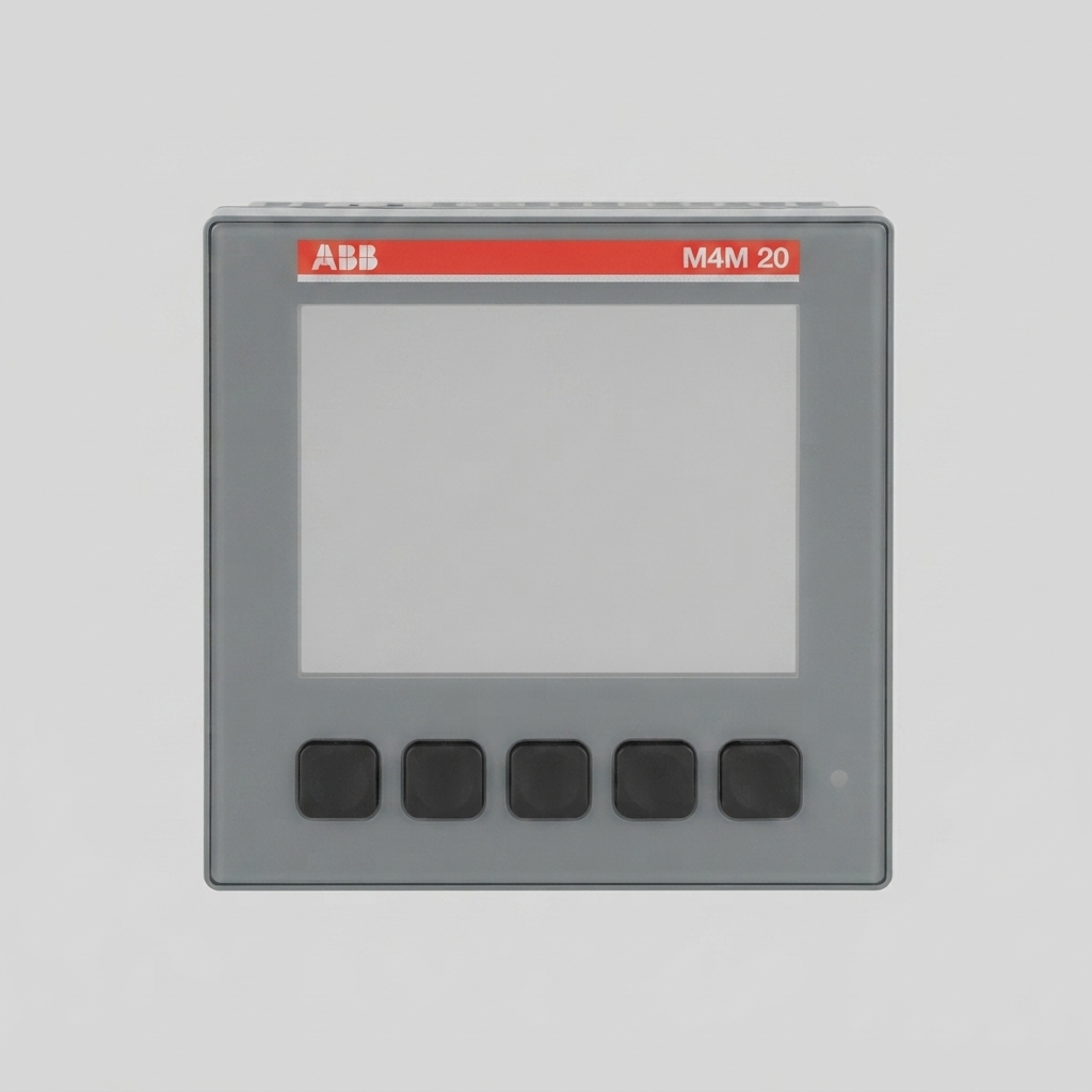 A detailed rear view of the ABB M4M 30 SEA Ethernet Multifunction Analyzer against a plain light gray background. The gray device shows clearly marked green Ethernet ports, terminal block connections, a detailed technical label, a 'Do Not Remove' seal, and a serial number sticker. The housing has integrated ventilation slots and mounting clips.