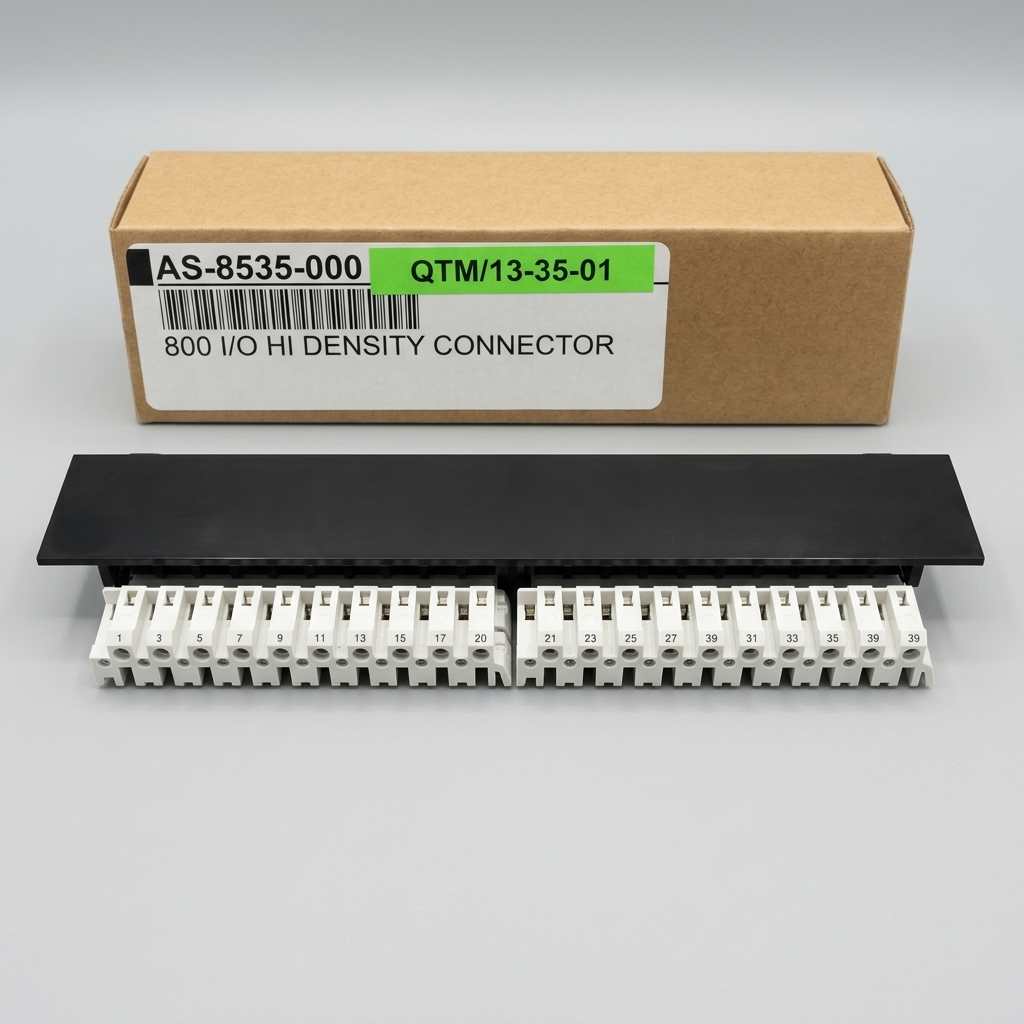 A high-resolution product photograph of the AS-8535-000 QTM/13-35-01 high-density 800 I/O connector module and its original cardboard box, isolated against a uniform light grey background.