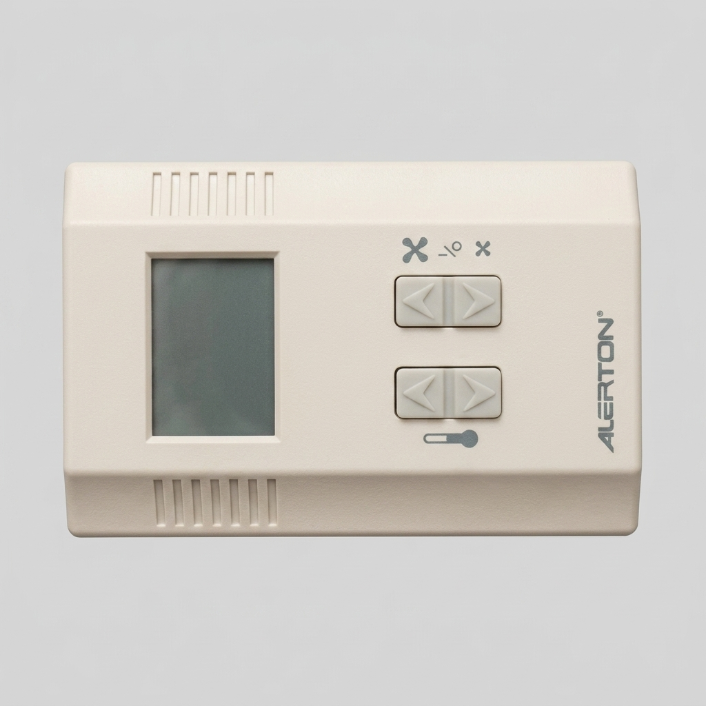 Front view of an off-white Alerton BCM-TUX digital HVAC wall controller, featuring a central rectangular LCD display screen, four control buttons with directional icons for fan Off/Auto and temperature adjustments, integrated horizontal vents, and the Alerton logo, isolated against a uniform light gray background.