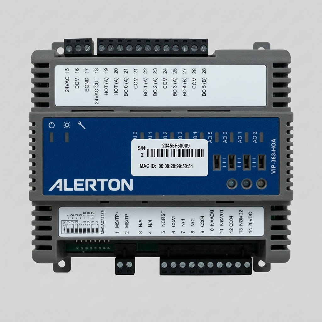 Side perspective view of a dark gray Alerton VIP-363-HOA BACnet programmable logic controller with its I/O terminal blocks, Hand-Off-Auto switches, an Ethernet port, and diagnostic LEDs, isolated on a light gray background.