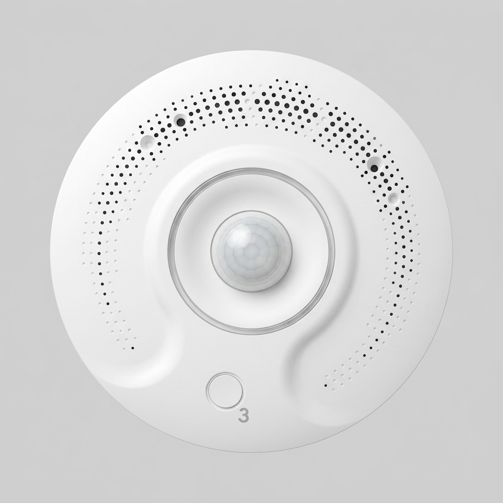 Front-facing top-down photograph of a circular white smart indoor multi-sensor device, featuring a central gray PIR motion detection lens, extensive patterns of airflow perforations, and a touch-capacitive button area marked with a prominent 'Q' logo, isolated against a uniform light gray background.