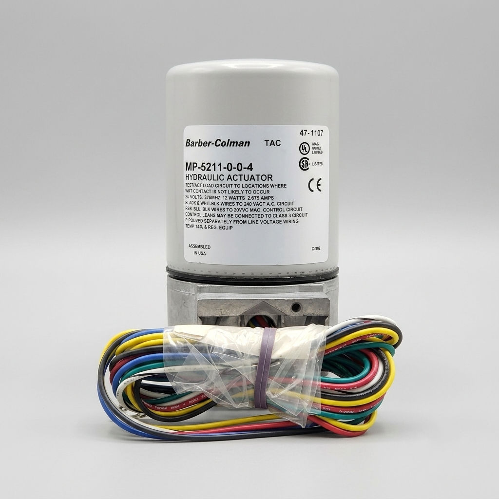 A vertical studio photograph of a grey Barber-Colman TAC MP-5211-0-0-4 hydraulic actuator with a metal base against a light grey background. In the foreground is a large bundle of multi-color wires wrapped in clear plastic.