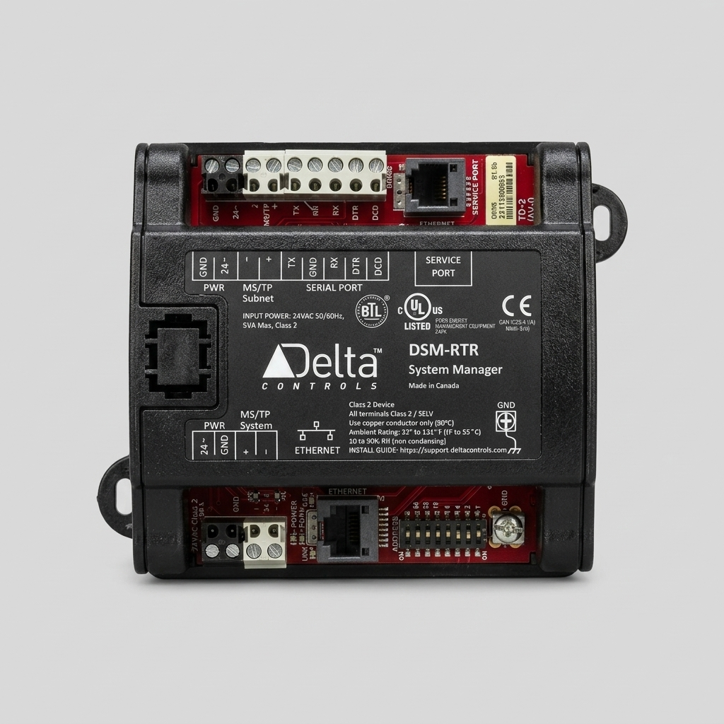 Front view of a black Delta Controls DSM-RTR System Manager automation router module on a plain light gray background, showing labeled terminals for Ethernet, Service, MS/TP, and Serial ports.