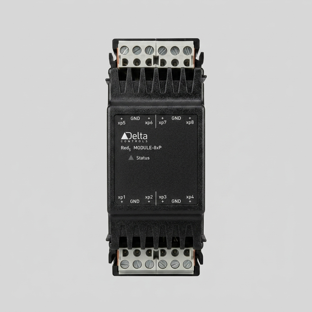 Front-facing top view of a dark gray Delta Controls Red5 MODULE-8xP industrial expansion module, showing the eight screw terminals labeled xp1 through xp8 and GND, and the 'Delta Controls' logo and 'Status' LED, isolated against a uniform light gray background.