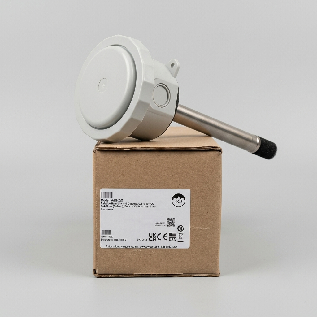Front view of a cardboard product box labeled ACI A/RH2-D Duct Relative Humidity Sensor, featuring a metal probe extending from a grey sensor enclosure balanced on top of the box.