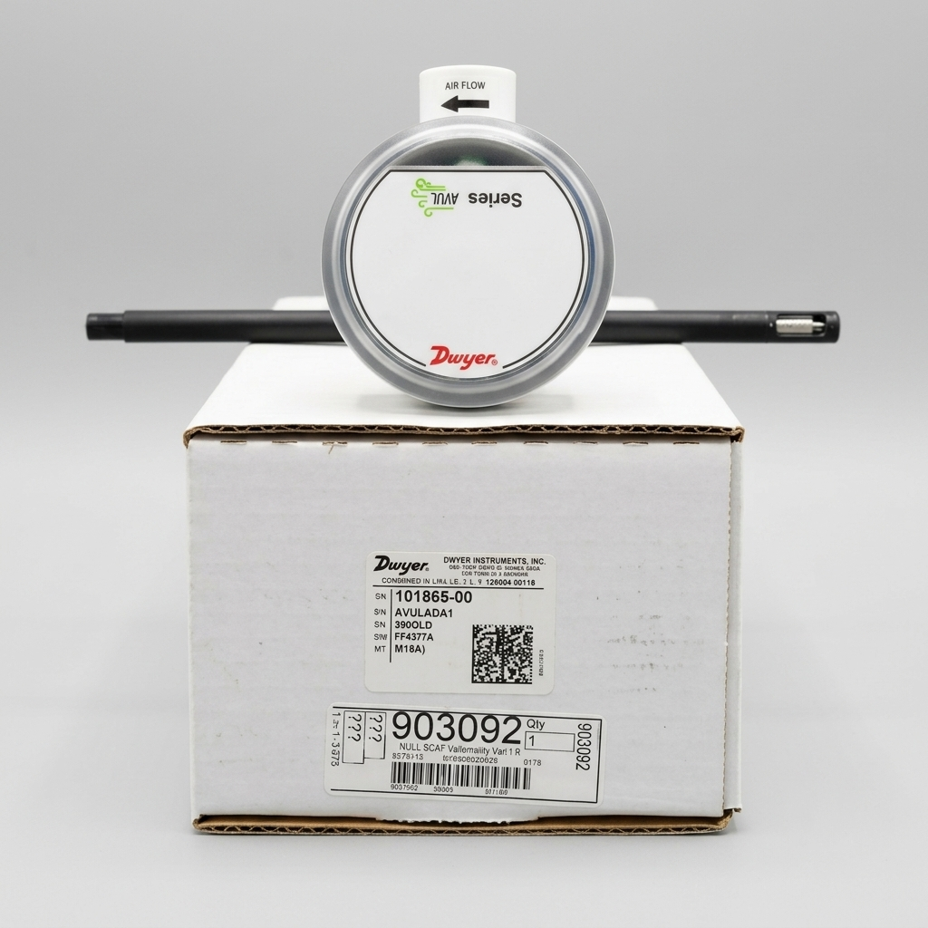 Front view of a cardboard product box labeled Dwyer AVUL-011-A-R, co-packaged with a long black air velocity probe and a circular white Dwyer sensor head, standing next to a second unopened white product box on a gray background, with soft lighting.