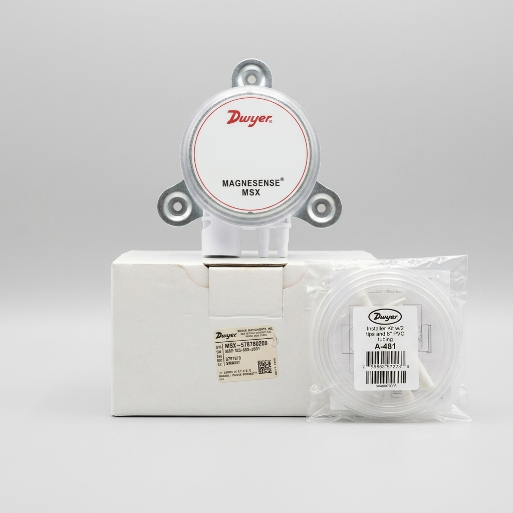 Front view of a white Dwyer MAGNESENSE® MSX pressure transmitter unit with an attached metal flange base, sitting atop its closed white product box. To the right of the box is a sealed transparent plastic bag containing a coiled white PVC tubing and two installation tips, isolated against a uniform light gray background.