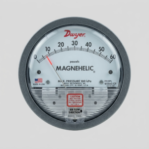 Front view of a genuine Dwyer Magnehelic Series 2000 differential pressure gauge with a 0-60 Pascal scale, a dark gray bezel, explicit manufacturing details, co-packaged with its official white product box with an open lid, isolated against a uniform light gray background. soft lighting.
