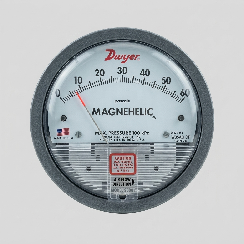 Front view of a genuine Dwyer Magnehelic Series 2000 differential pressure gauge with a 0-60 Pascal scale, a dark gray bezel, explicit manufacturing details, co-packaged with its official white product box with an open lid, isolated against a uniform light gray background. soft lighting.