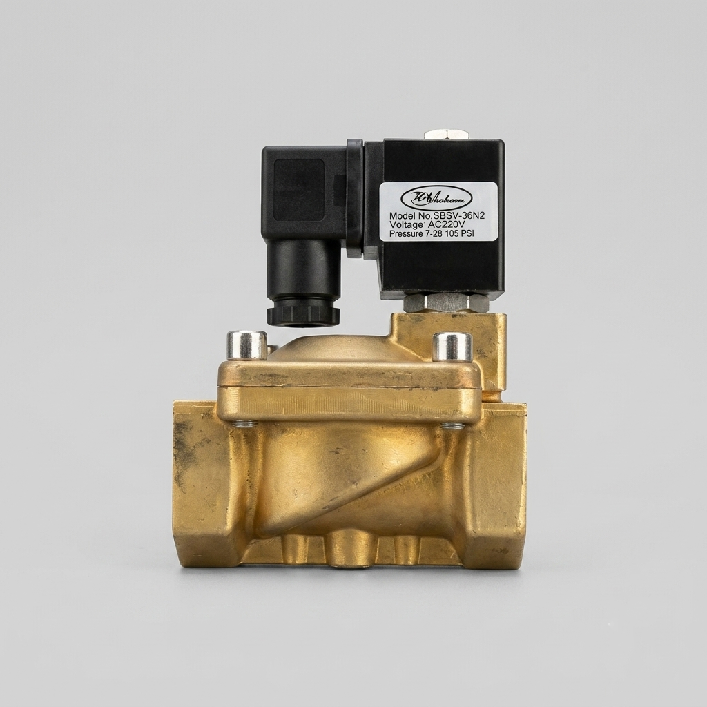 FC Thaitorn SBSV-36N2 Solenoid Valve showing the detailed specifications label on the black electrical coil and the heavy-duty brass valve body co-packaged with a long black sensor probe, standing next to a second unopened white product box on a gray background, with soft lighting.