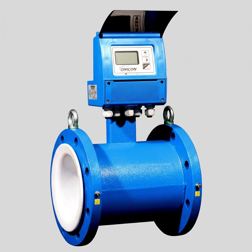 A professional product photograph of an ONICON Electromagnetic Flow Meter, Model FT-1000, in a horizontal front-facing orientation, isolated against a uniform light gray background.