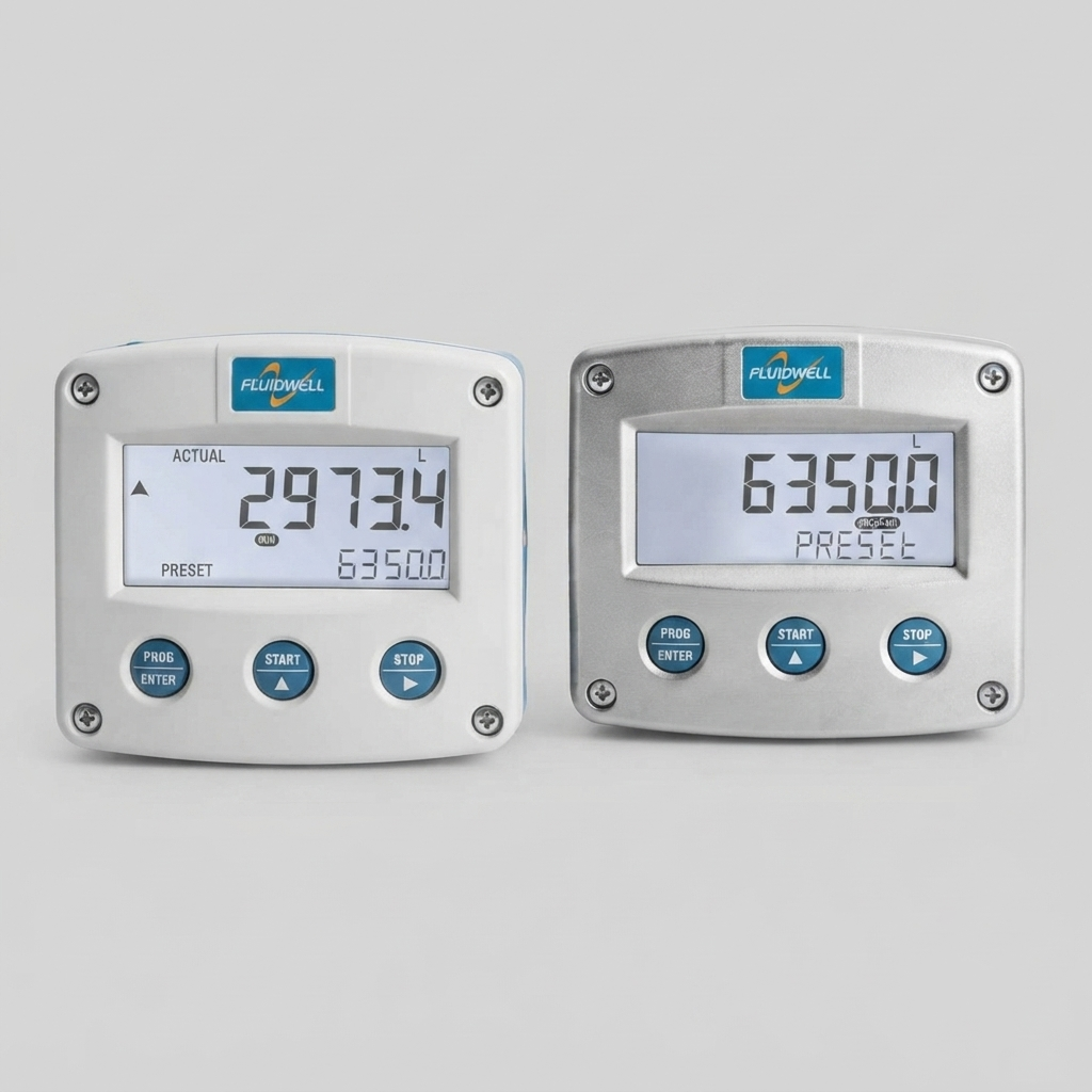 A professional studio photograph of two Fluidwell flow rate indicator/totalizers side-by-side against a neutral light gray background. The left unit is white and blue with a display reading "ACTUAL 2973.4" and "PRESET 6350.0" and "F131" printed on the side. The right unit is silver metallic with a display reading "6350.0" and "PRESEE" and "F013" on the faceplate. Both have "PROG ENTER", "START", and "STOP" buttons. At the bottom right, ATEX, IEC, and IECEx certification logos are visible.