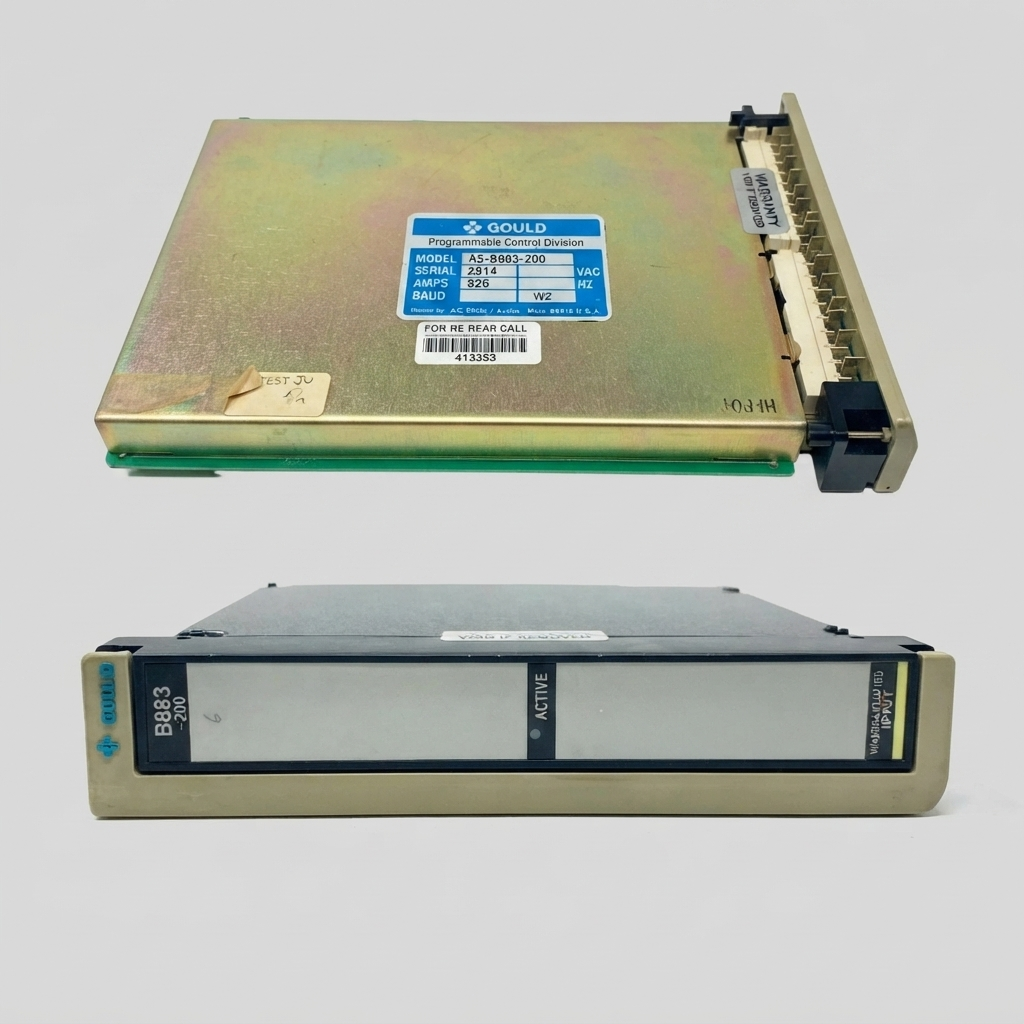A top-three-quarter view and a front view combined into a single product image of a Gould AS-B883-200 PLC module. The top view shows the gold-cadmium casing, connector, and labels ("GOULD Programmable Control Division", "MODEL AS-B883-200", "S/N 2914"). The front view below shows the tan bezel, black handle, "B883 -200" text, and "ACTIVE" LED. A handwritten "TEST JU" sticker is visible on the top casing. The background is plain white.