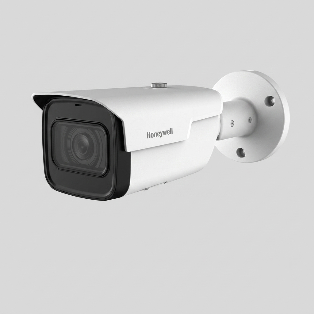 Front view of a Honeywell GU243HNY0003 IP bullet security camera with an integrated wall mount base, against a uniform light gray background. Features a clear lens bezel, "Honeywell" branding, and the "ONVIF®" logo panel visible.