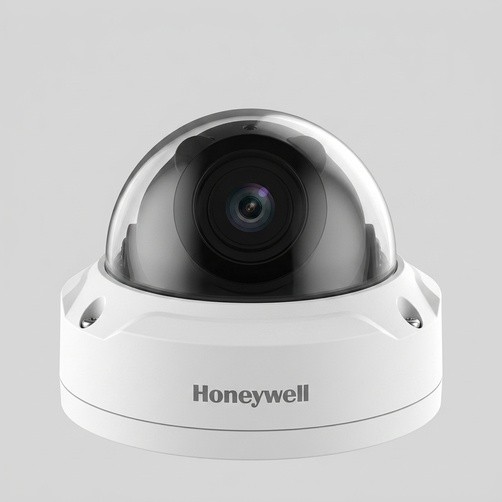 A white dome security camera with a black lens base is mounted on a light grey background. The clear dome cover is visible over the lens.