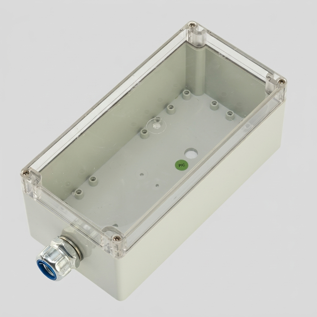 Top-down isometric view of a rectangular grey industrial enclosure box. The box features a crystal-clear transparent polycarbonate lid secured by four stainless steel screws. One large aluminum cable gland with a distinctive blue inner ring is fitted to the lower-left side. The interior shows PCB mounting pillars and a green "QC" sticker, all resting on a plain light gray background.