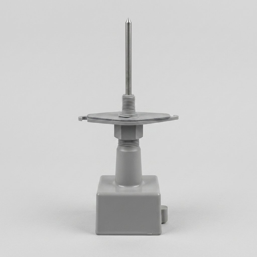 Front view of an industrial temperature probe, featuring a rectangular gray junction box base, a tapering neck with hex nut and threaded sections, an adjustable gray mounting flange, and a stainless steel insertion probe with a pointed tip, all against a neutral gray background.