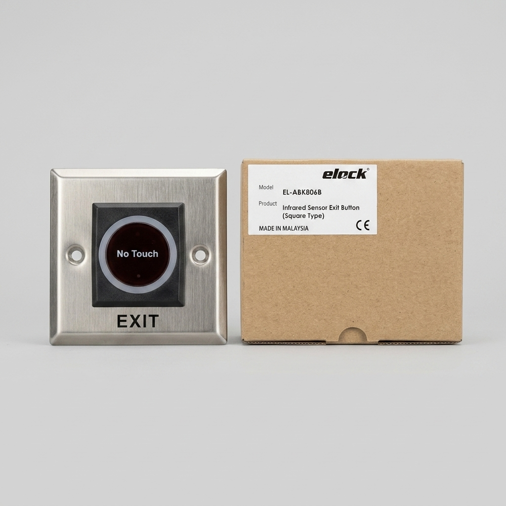 Front view of the elock EL-ABK806B square stainless steel infrared sensor exit button featuring "No Touch" and "EXIT" lettering, shown next to its product box on a gray background.