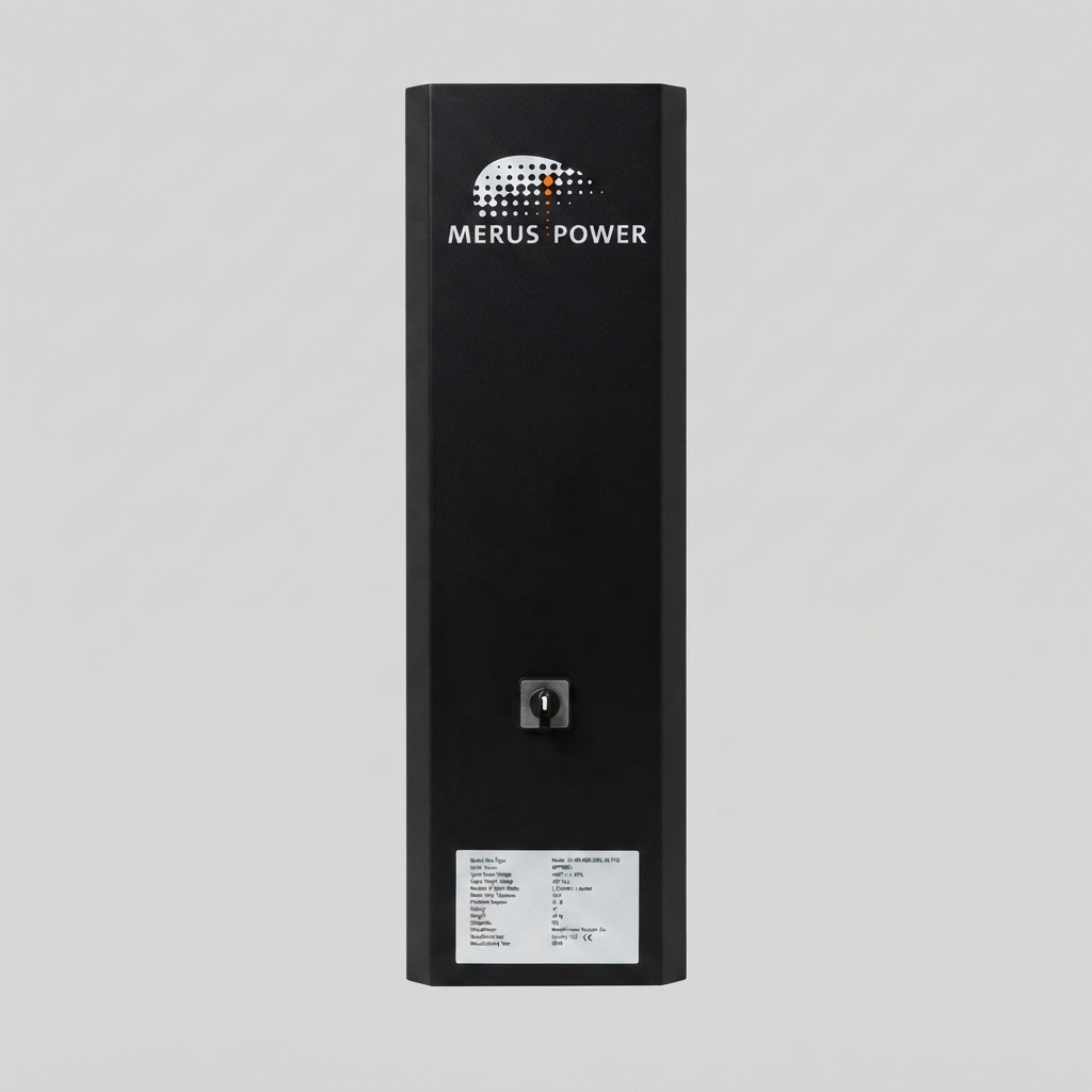 A front, centered view of a Merus Power active harmonic filter unit housed in a vertical black rectangular enclosure. The Merus Power logo is at the top. A simple black rotary switch is located in the middle of the unit. A white specification label with legible text and a CE mark is at the bottom. The unit is set against a plain, neutral background.