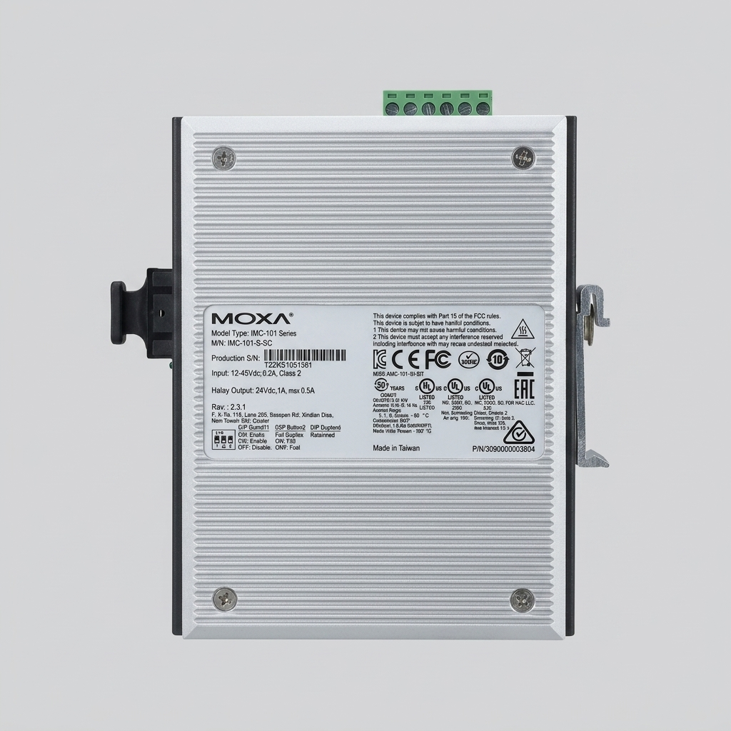Front view of a silver, ribbed aluminum Moxa IMC-101-S-SC industrial media converter device co-packaged with a white product box with an open lid next to it, showing its detailed specifications label, terminal block, and mounting clips, isolated against a uniform light gray background. soft lighting.