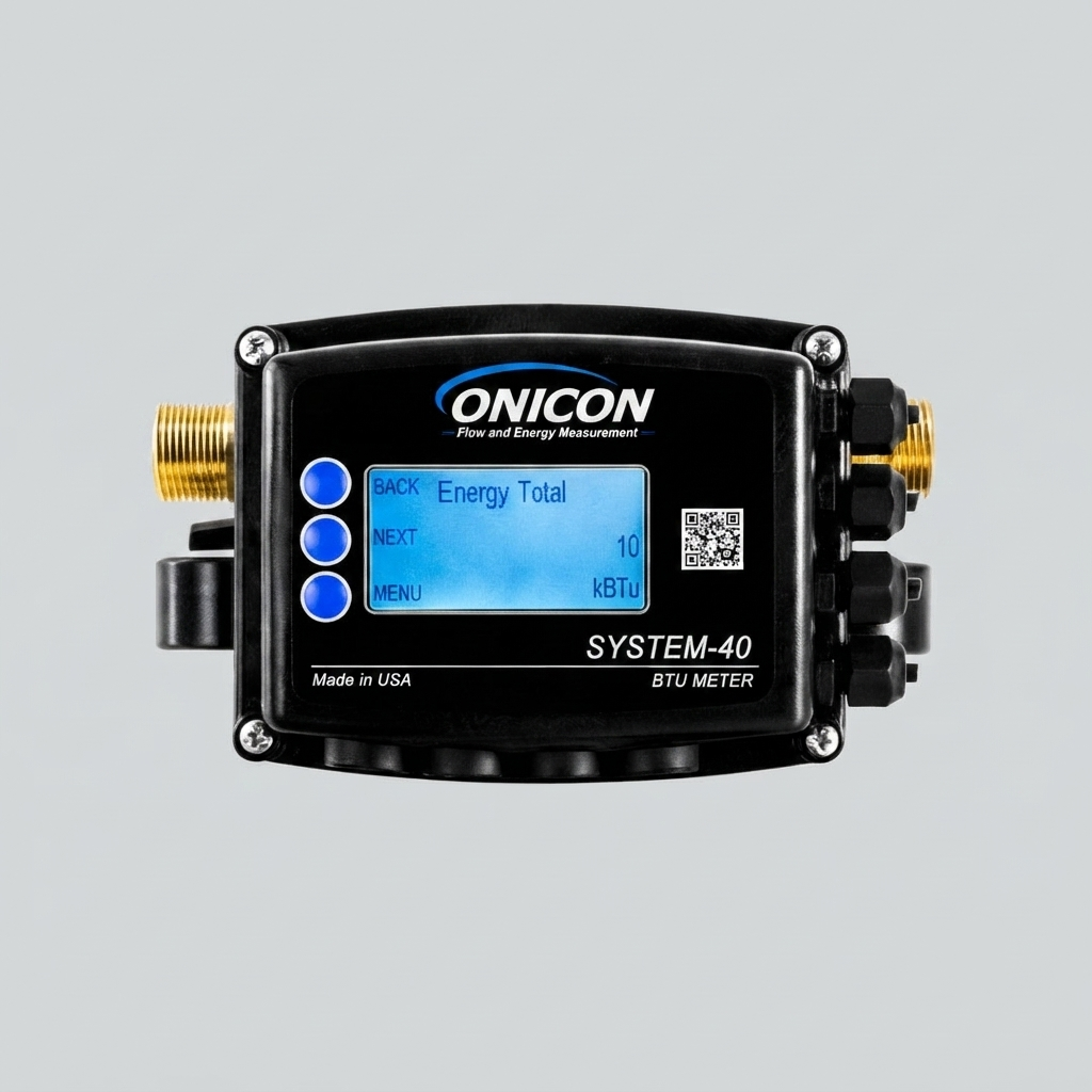 A product photograph of an ONICON System-40 BTU Meter against a plain light gray background. The meter is a black, inline device with brass fittings on the left and right sides. It features a blue backlit LCD screen that reads "Energy Total" and "10 kBTU". Below the screen are three blue control buttons (BACK, NEXT, MENU). The ONICON logo and "SYSTEM-40" model name are clearly visible, along with a QR code and "Made in USA" text.