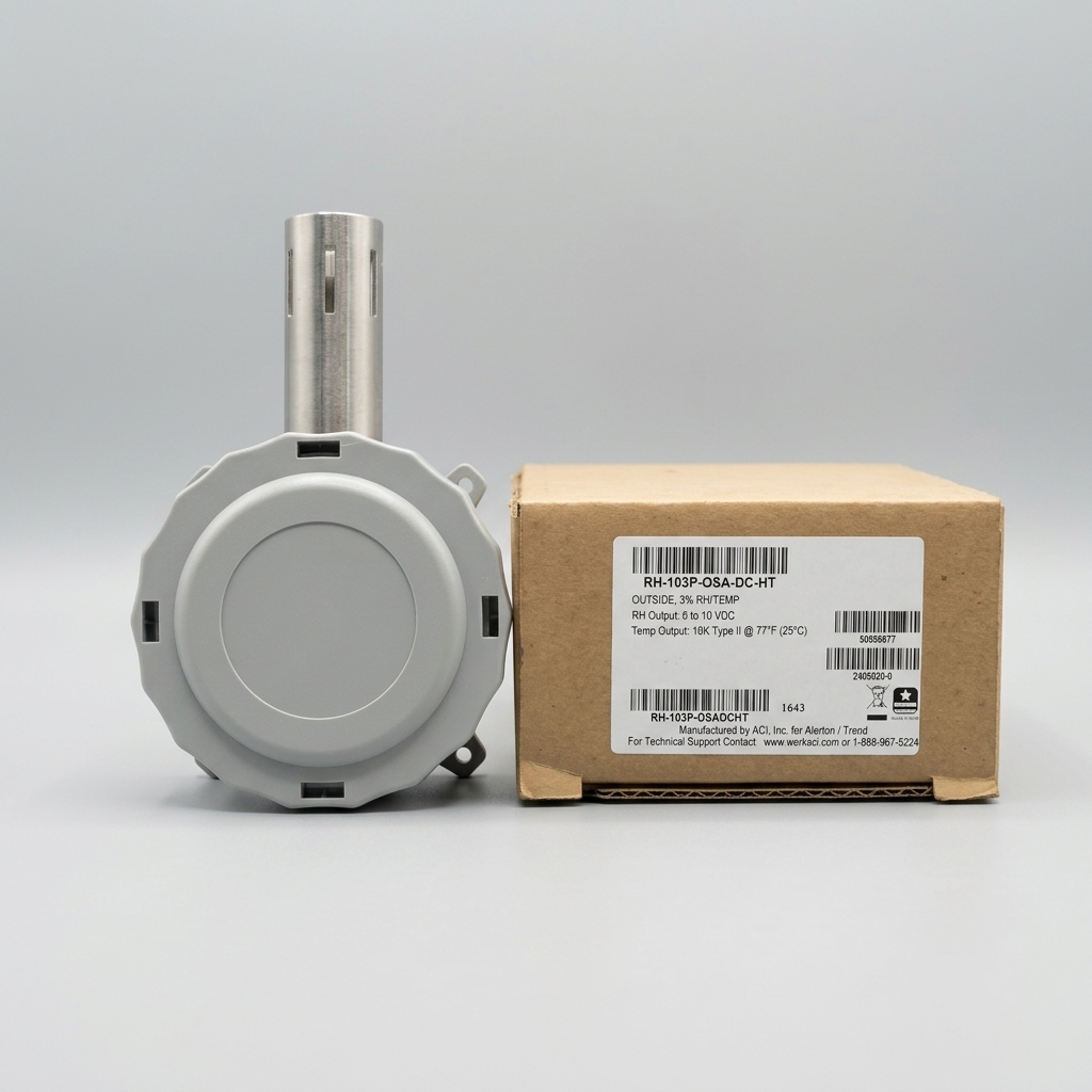 A side-by-side view showing a grey ACI outdoor relative humidity and temperature sensor with its metallic probe extended against a light gray background, standing next to its closed cardboard product box which displays the specifications label, isolated on a light gray background.