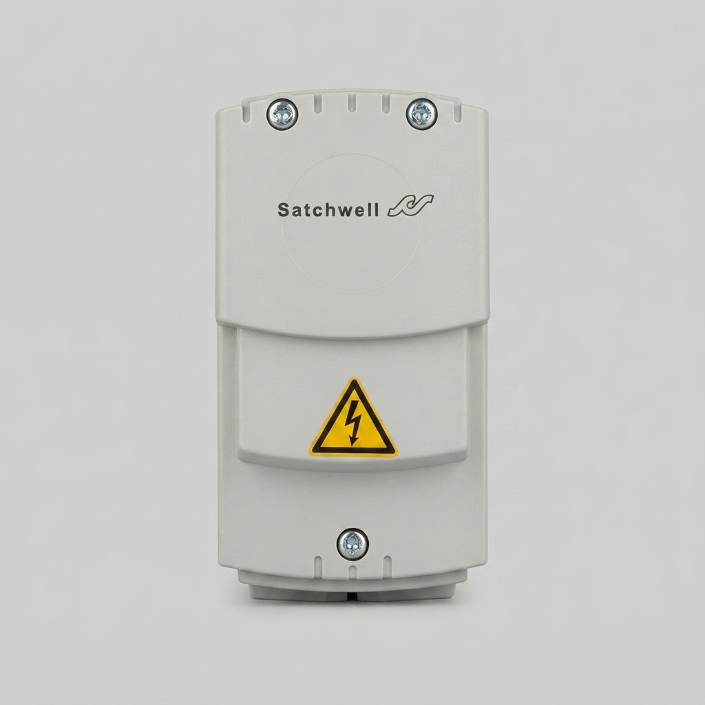 Front-facing studio shot of a white Satchwell industrial control unit featuring a yellow electrical hazard warning triangle and manufacturer branding against a neutral background.