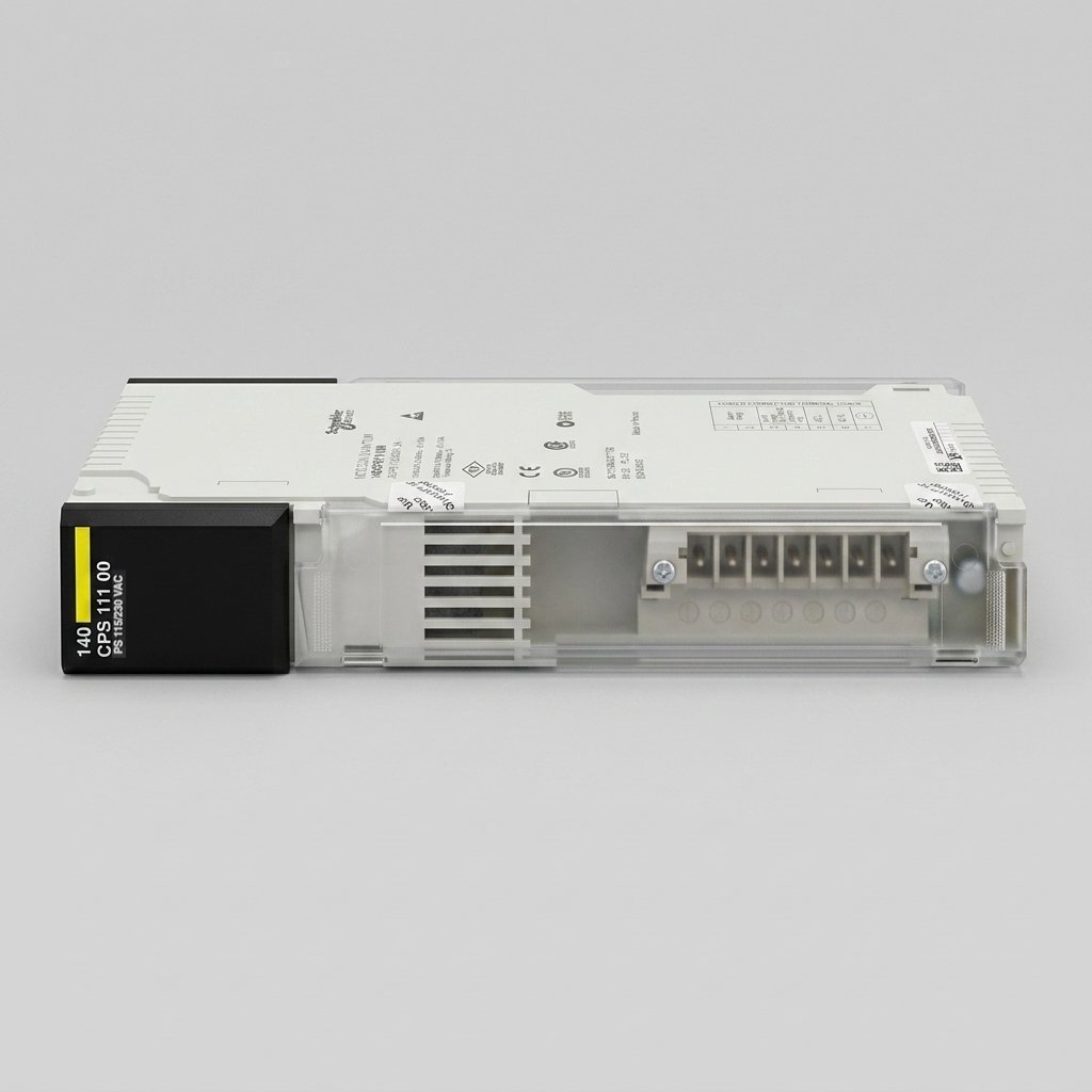 A professional studio photograph showing the Schneider Electric Modicon Quantum 140 CPS 111 00 Power Supply Module, horizontal view, with its black left end cap, transparent ventilated front cover, and detailed specifications label against a uniform light gray background.