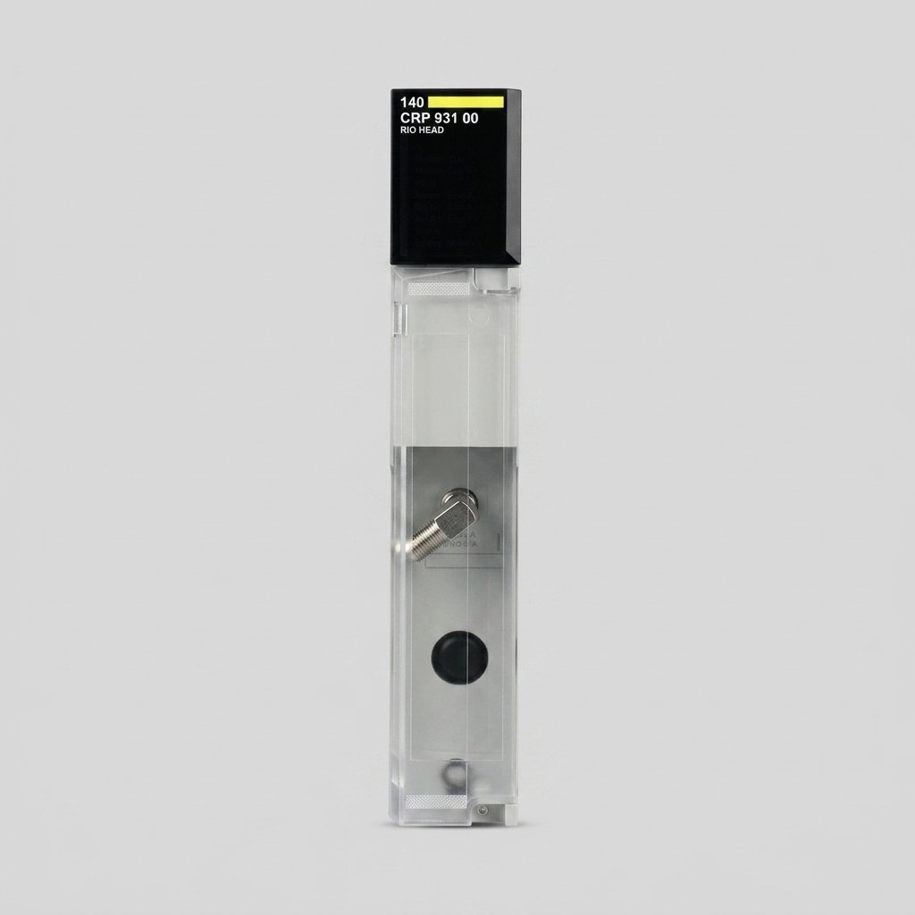 Front view of a Schneider Electric 140 CRP 931 00 MODICON Quantum RIO HEAD module with a transparent cover and an L-shaped F-connector adapter attached, against a light grey background.