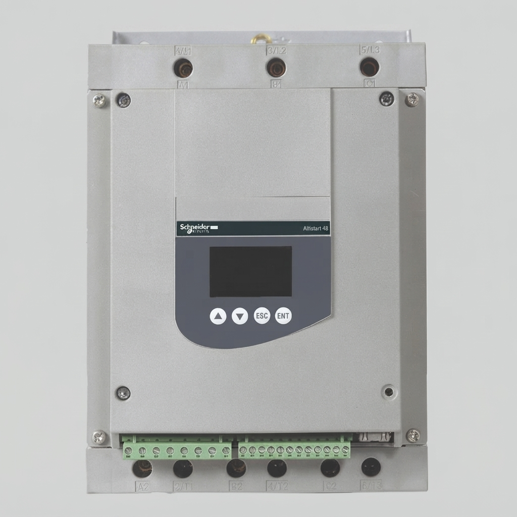 A front view of a Schneider Electric Altistart 48 soft starter unit, model series ATS48, in a light-gray industrial housing against a neutral gray background. The unit features a central screen, four control buttons (Up, Down, ESC, ENT), clearly labeled power terminals (L1, L2, L3 and T1, T2, T3), and a green control terminal block at the bottom. The Schneider Electric logo is visible above the screen.