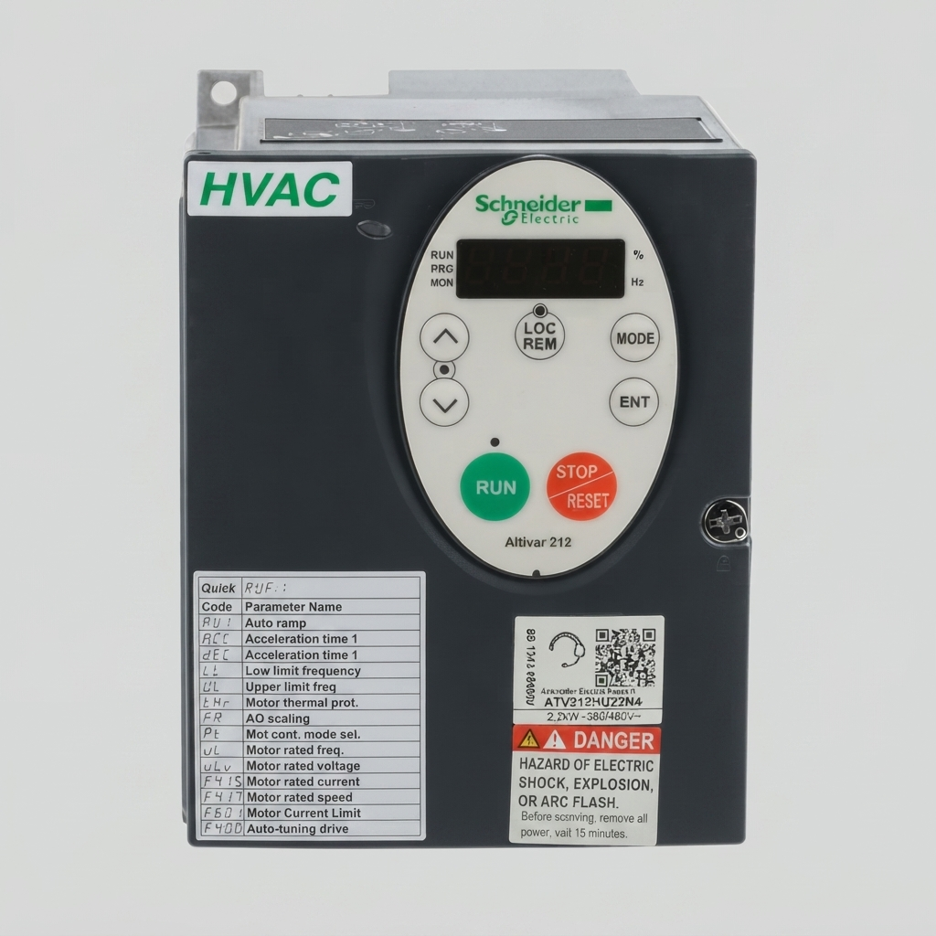 A front three-quarter view of a Schneider Electric Altivar 212 variable frequency drive, model ATV212HU22N4, against a plain white background. The drive is grey with a green "HVAC" badge and an integrated control panel with a digital display and buttons (RUN, STOP/RESET, LOC/REM, MODE, ENT). A detailed parameter table and a DANGER label are clearly visible on the front.