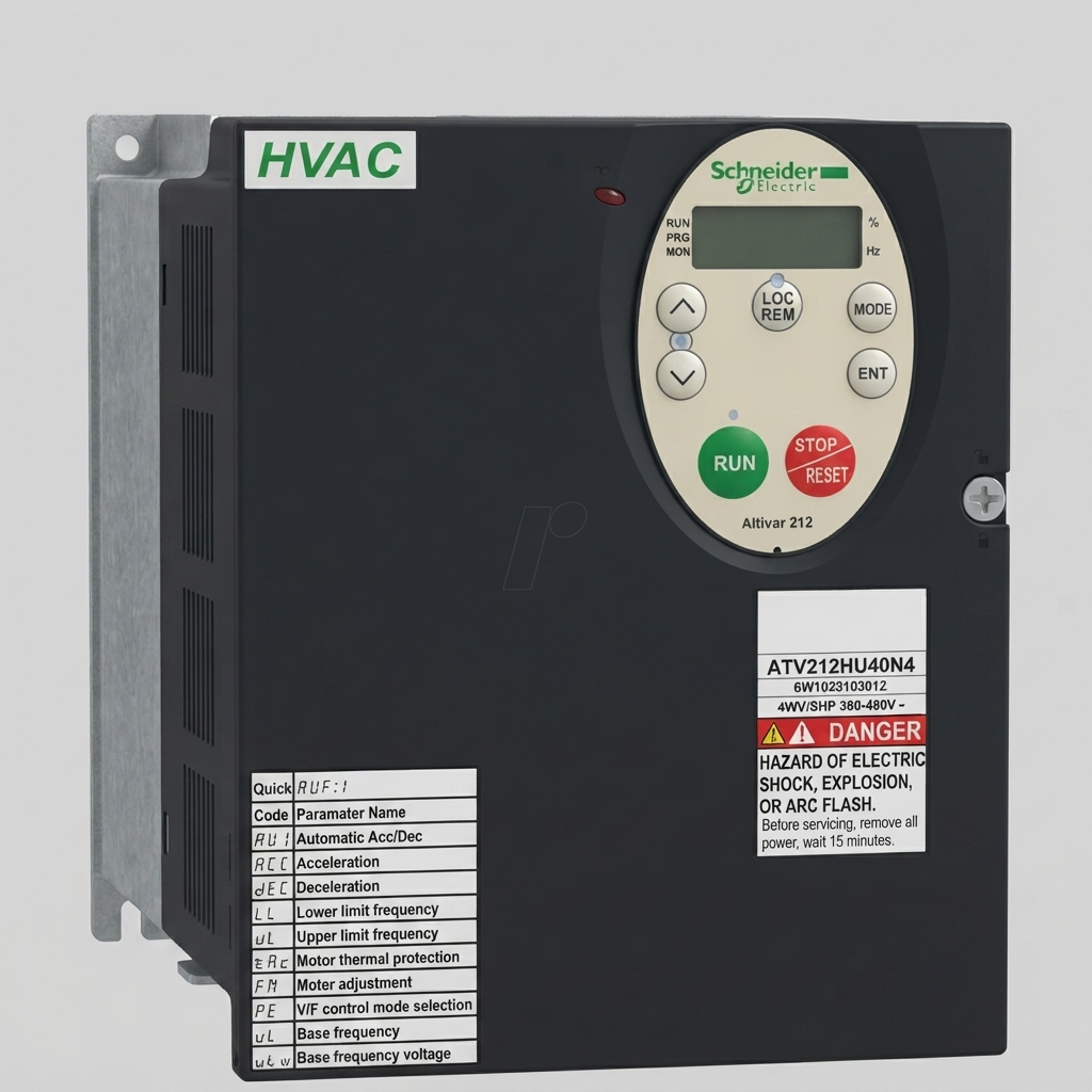A three-quarter front view of a Schneider Electric Altivar 212 variable frequency drive (Model: ATV212HU40N4) against a plain light grey background. The drive has a black enclosure with a prominent green "HVAC" logo. The integrated control panel features a digital display, status lights, and buttons (RUN, STOP/RESET, LOC/REM, MODE, ENT). A detailed serial data label and a "DANGER" warning label are clearly visible on the front. A metallic heatsink is visible on the left side.