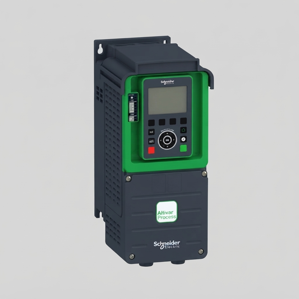 A three-quarter front view of a Schneider Electric Altivar Process ATV930U15N4 variable speed drive. The unit has a dark gray enclosure with a distinct vibrant green control panel interface, mounted against a plain white background. The Schneider Electric logo and Altivar Process branding are clearly visible.