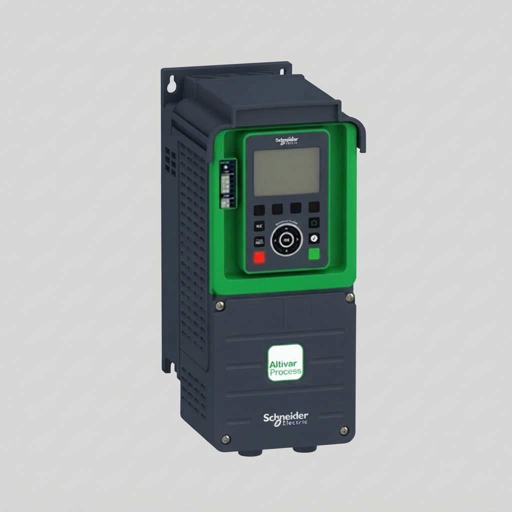 A three-quarter front view of a Schneider Electric Altivar Process ATV930U55N4 variable speed drive. The unit is dark grey with a distinct vibrant green control panel interface featuring an LCD screen and navigation wheel, mounted against a neutral light grey background. The Schneider Electric and Altivar Process logos are clearly visible.