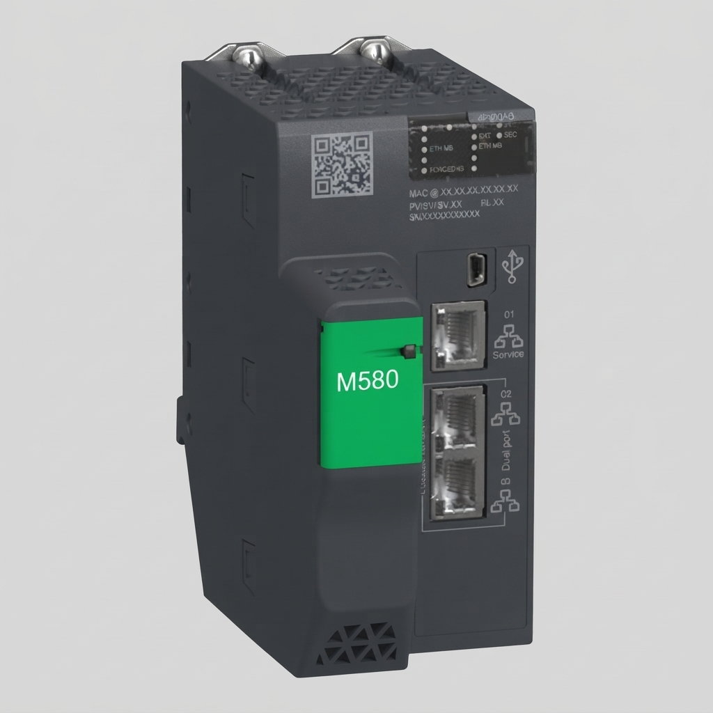 A three-quarter front view of the Schneider Electric BMEP583040 Modicon M580 processor module. The module is dark gray with a prominent green "M580" badge in the center. It features a QR code at the top, a matrix of LED status lights below it, and two RJ45 Ethernet ports and one USB port on the right side, all against a neutral gray background.