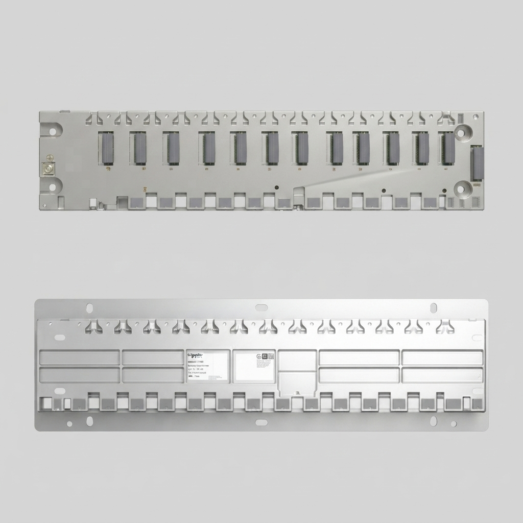 A top and rear view combined into a single product image of a Schneider Electric Modicon X80 12-slot backplane. The top view shows the metallic backplane with 12 empty grey module slots. The bottom view shows the entire backplane securely mounted on a larger steel panel mounting plate, with a clear product label displaying the model number BMXXBP1200 and other specifications. The background is a clean neutral grey.
