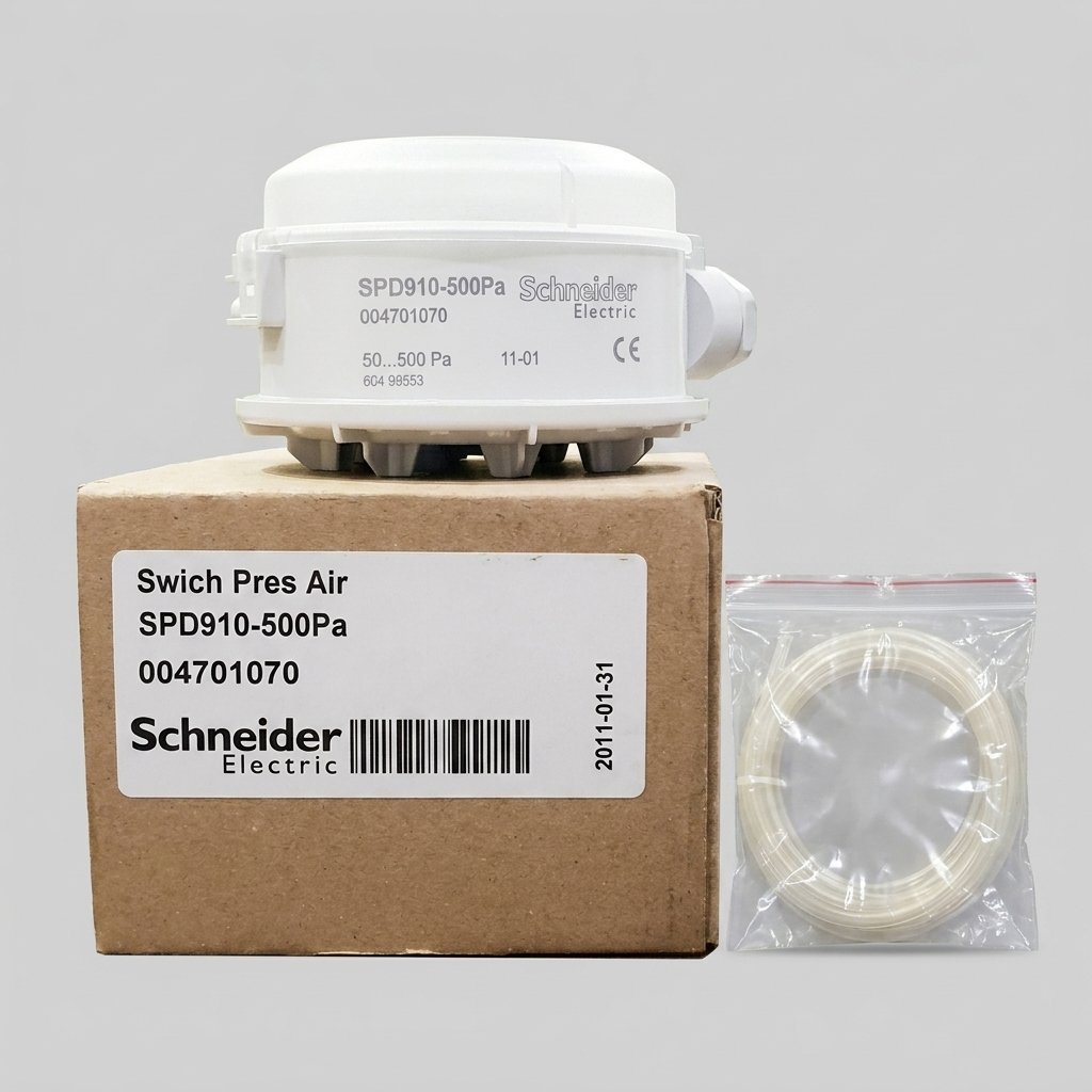 Front view of a white rectangular Schneider Electric differential pressure switch (model SPD910-500Pa, range 50-500 Pa) with exposed terminal screws, sitting atop its closed cardboard product box which features a barcode and product identification label. To the right of the box is a coiled length of clear tubing sealed in a clear plastic bag, all against a neutral grey background.