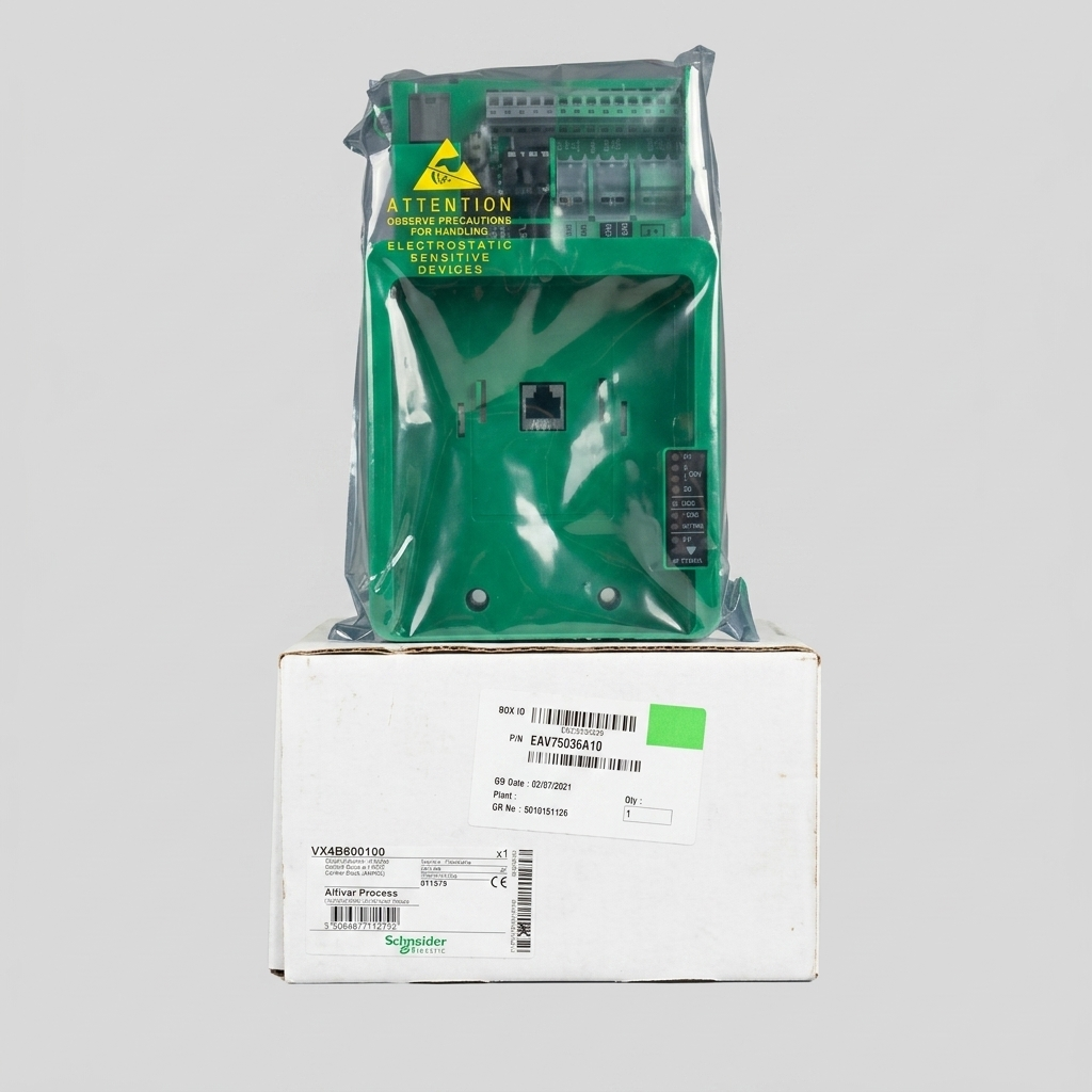Side perspective view of a dark grey Schneider Electric Altivar Process EAV75036A10 VX4B600100 industrial logic controller showing detailed Input and Output terminal labels, and a built-in Ethernet port, standing next to its official white product box with an open lid, isolated against a uniform light gray background. soft lighting.
