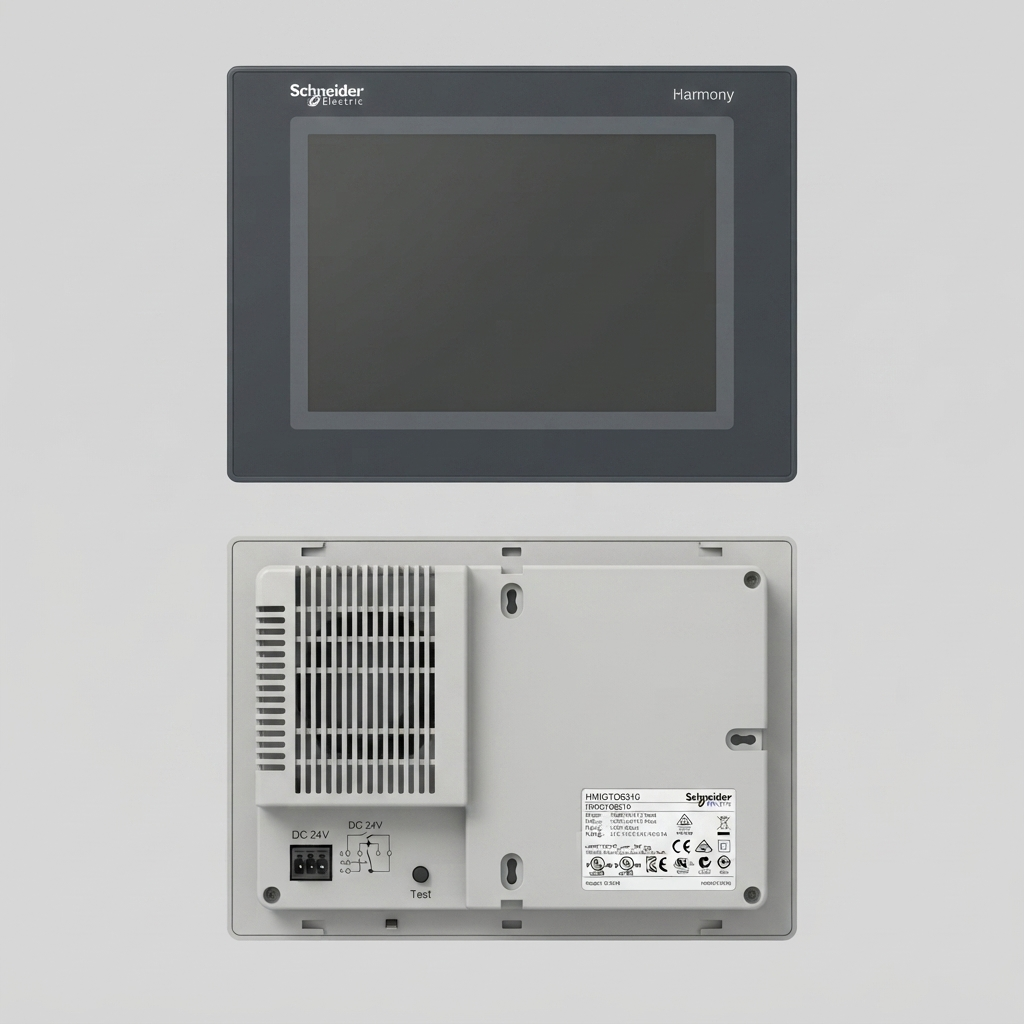 A product composite image showing the front and rear views of the Schneider Electric HMIGTO6310 Harmony GTO touchscreen panel against a neutral light gray background. The top image is the front view, displaying the dark gray bezel with "Schneider Electric" and "Harmony" logos and the blank 12.1-inch screen. The bottom image is the rear view, showing the light gray casing, ventilation grille, 24V DC power connector with wiring diagram, "Test" button, and the detailed product certification label.