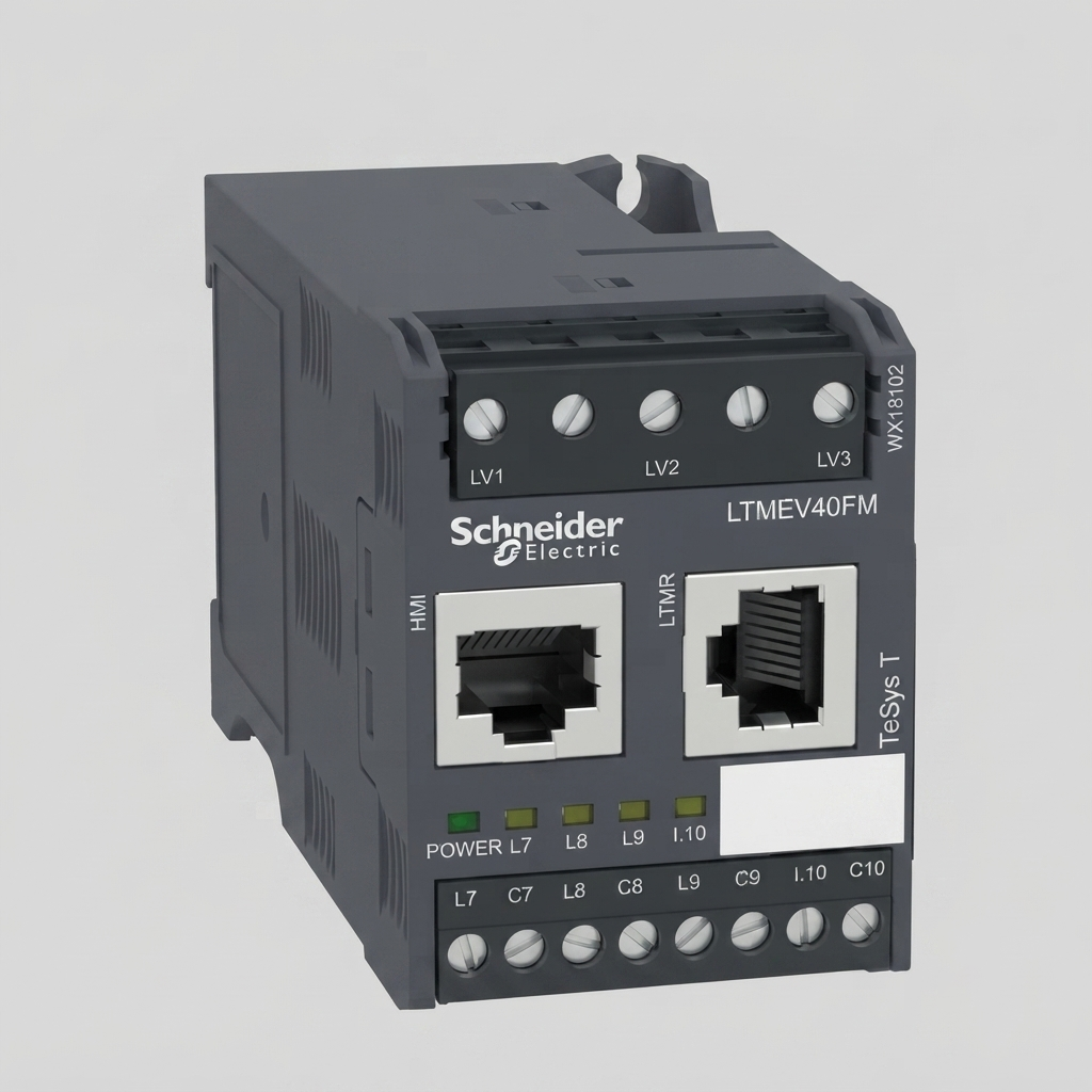 A detailed front-three-quarter view of a Schneider Electric TeSys T LTMEV40FM motor management controller module against a plain light gray background. The module is dark gray with a clear faceplate displaying the "Schneider Electric" logo, "TeSys T" series name, "LTMEV40FM" model number, HMI and LTMR RJ45 communication ports, five status LEDs, and two rows of clearly labeled screw terminals (LV1-LV3 and L7-C10). The side profile shows heat dissipation vents.
