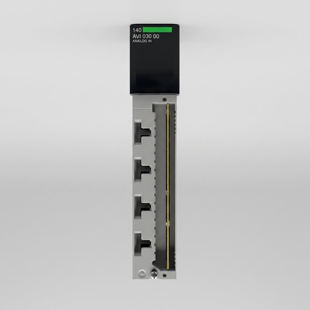 Schneider Electric Modicon 140 AVI 030 00 Analog Input module featuring a black interface housing and a gray modular backplane connector, displayed on a light gray background.
