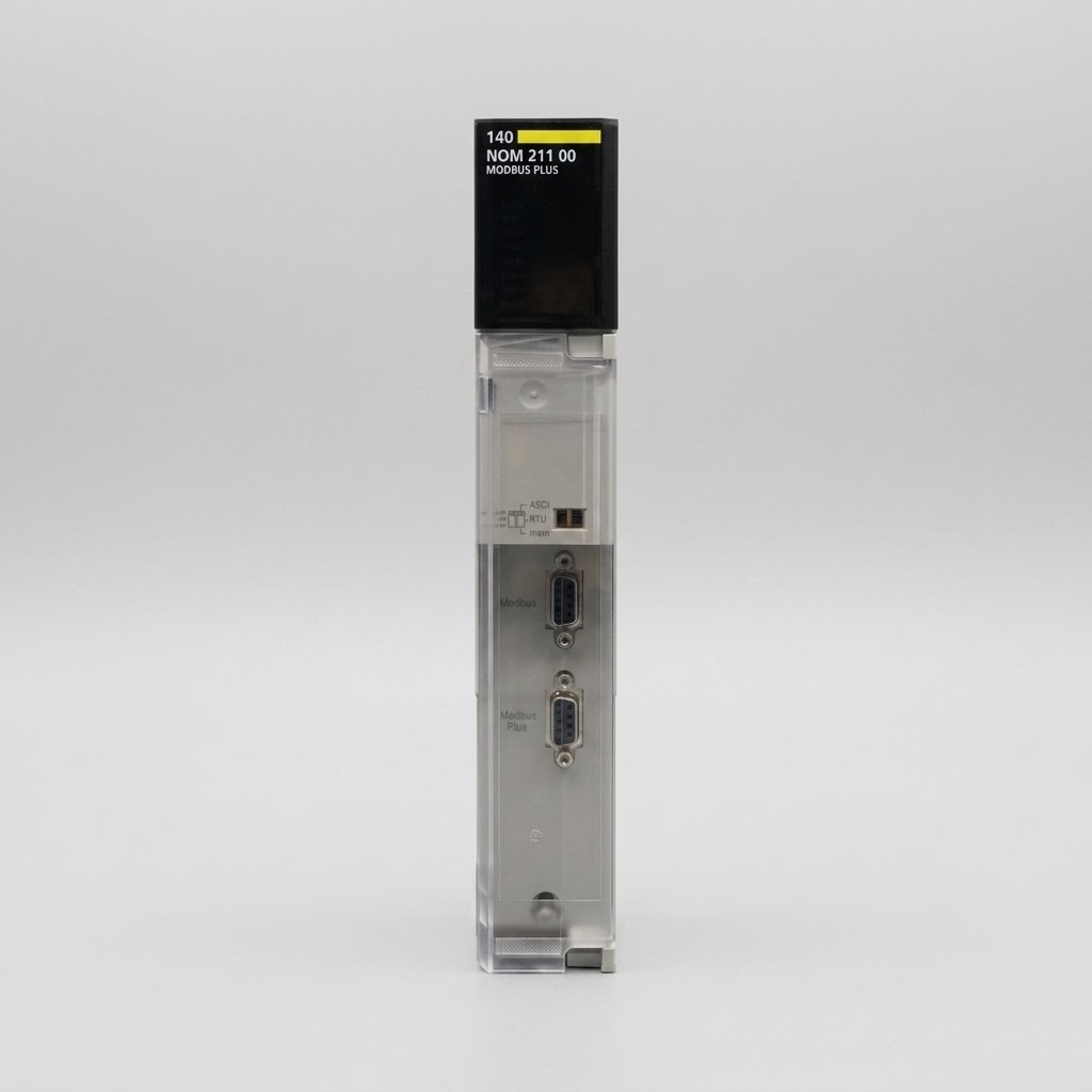 Front view of a Schneider Electric 140 NOM 211 00 MODBUS PLUS Network Option Module, showing its part number, two 9-pin sub-D ports, and clear front cover with internal switches visible against a light grey background.