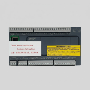 Front perspective view of a dark grey Schneider Electric Modicon TM200CE40R logic controller co-packaged with a second white product box, showing its terminal blocks, status LEDs, and specific labels like "Relay OUT" and 'TM200CE40R' co-packaged with a white product box with an open lid next to it, isolated against a uniform light gray background. soft lighting.