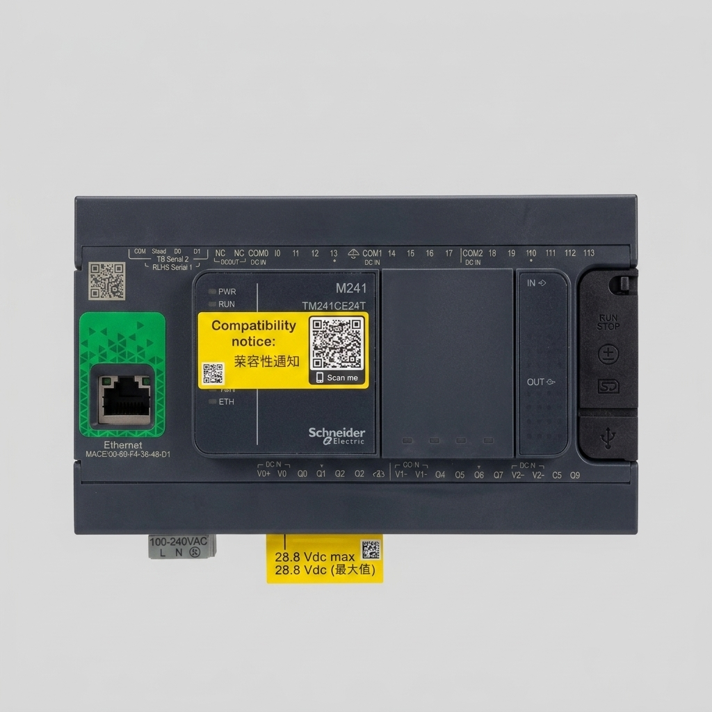 Front orthogonal view of a dark gray Schneider Electric Modicon M241 logic controller, model TM241CE24R, featuring a clearly labeled terminal block with I/O, an Ethernet port, an integrated mechanical RUN/STOP switch, and detailed visual warnings for deterministic networked control, isolated against a uniform light gray background.