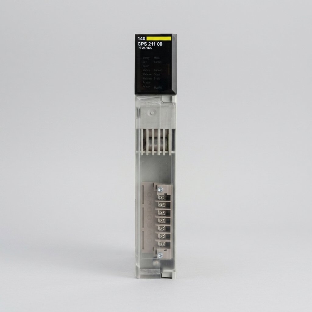Front view of a Schneider Electric Modicon Quantum 140 CPS 211 00 Power Supply Module (24 VDC) with its diagnostic indicators and terminal block, on a plain grey background.
