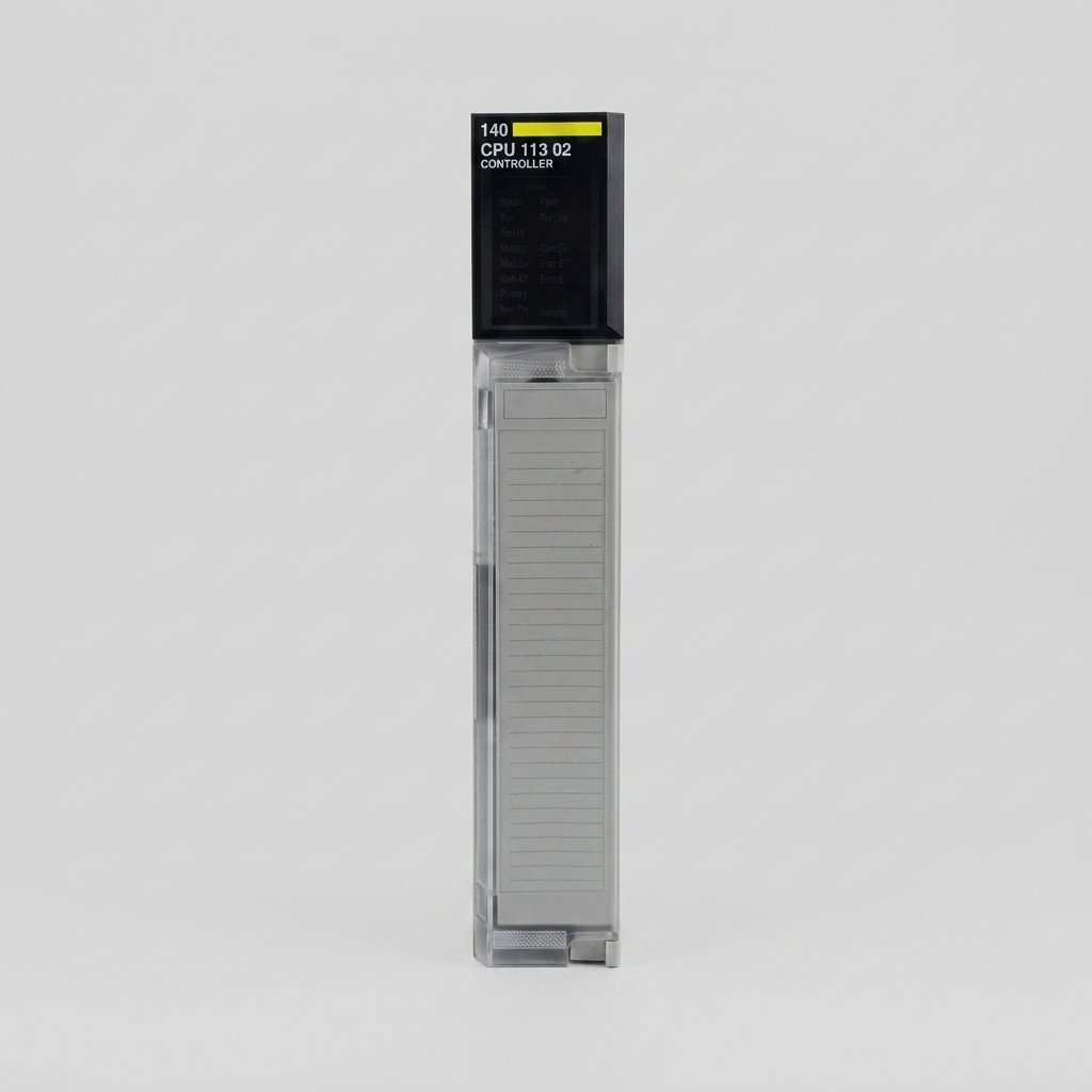 Front view of a Schneider Electric Modicon Quantum 140 CPU 113 02 process controller module on a plain gray background, showing its diagnostic text and dual 9-pin networked ports.