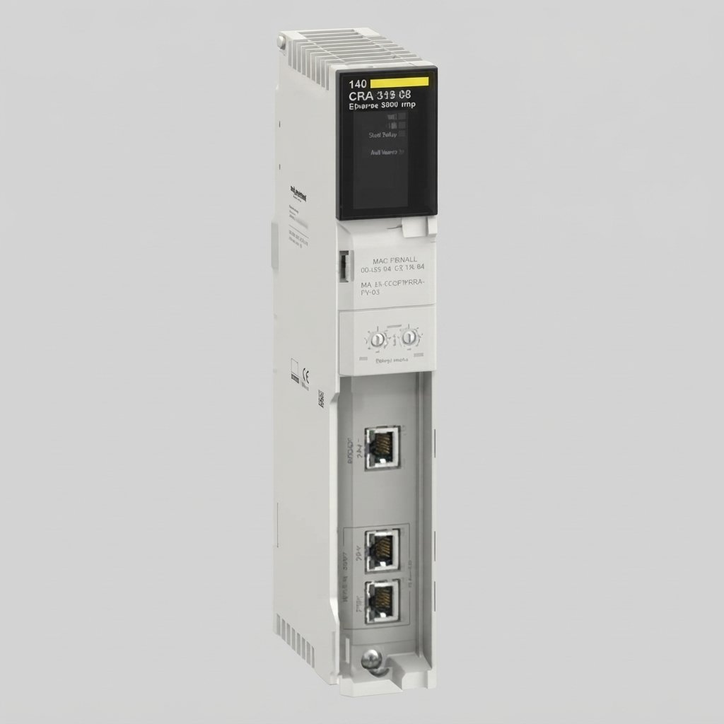 Front view of a Schneider Electric Modicon Quantum 140 CRA 319 08 Ethernet S908 RIO Adapter module, horizontal view against a plain grey background, with the status diagnostic indicator text (Ready, Run, Mod Status, Net Status, IO) clearly visible.