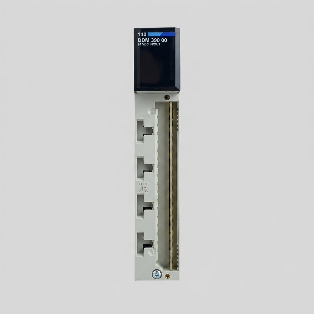 A front-facing professional product shot of the Schneider Electric Modicon Quantum 140 DDM 390 00 24 VDC IN/OUT discrete module, horizontal view with all four ports visible against a uniform light gray background.